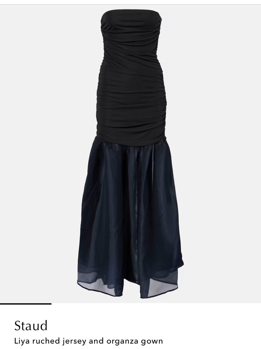 STAUD Black Ruched Jersey Top with Sheer Navy Organza Maxi Skirt - Picture 3 of 12